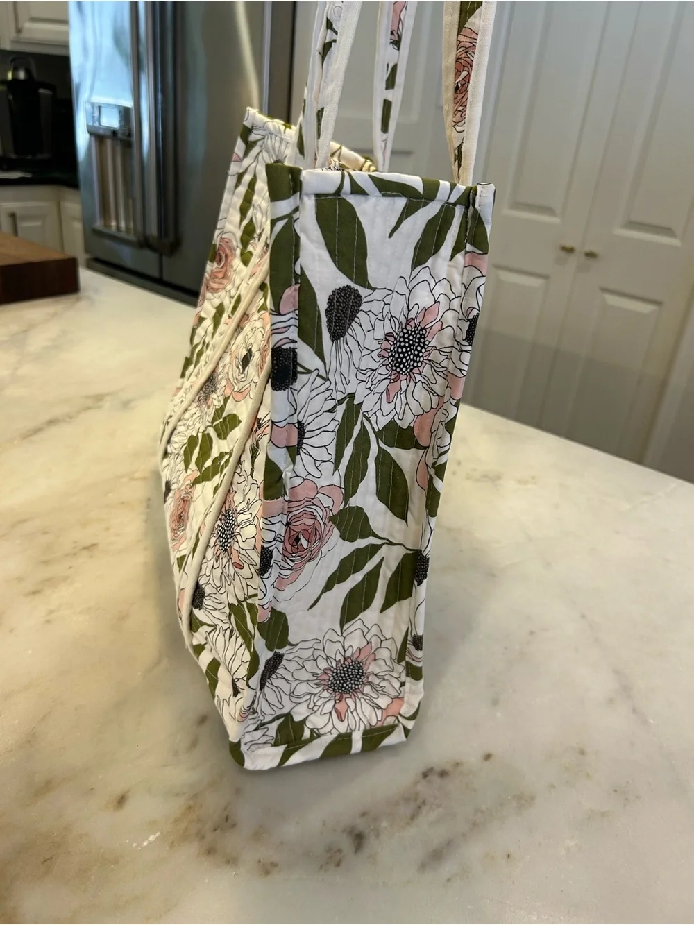 Quilted With Love Floral Quilted Tote Bag - Cream & Olive